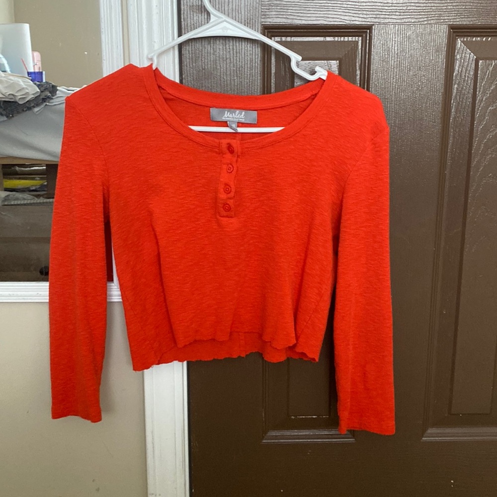 Long sleeved red button up crop top Adult XS.